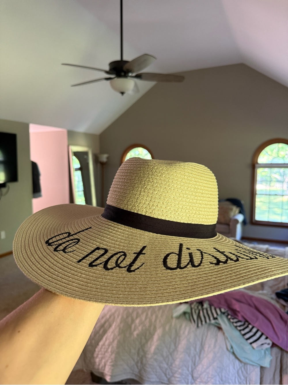 Wide Brim Straw Sun Hat with Black Band - "do not disturb" Embroidery